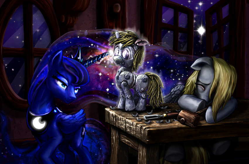 blue_eyes cutie_mark derpy_hooves_(mlp) dinky_hooves_(mlp) equine eyes_closed female feral friendship_is_magic glowing hair harwick hi_res horn horse magic mammal my_little_pony necklace night pegasus pony princess_luna_(mlp) puppet sleeping sparkles star table unicorn window winged_unicorn wings