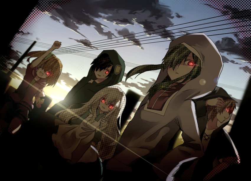 3girls aihara_fuu black_hair blurry brown_hair cloud dutch_angle everyone fist_pump glowing glowing_eyes green_hair grin hand_on_hip highres hood hoodie jacket kagerou_project kano_shuuya kido_tsubomi kisaragi_momo kozakura_marry long_hair looking_away mekakushi_code_(vocaloid) multiple_boys multiple_girls one_eye_closed red_eyes seto_kousuke short_hair smile vocaloid white_hair