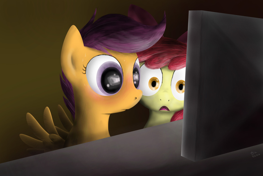 absurd_res apple_bloom_(mlp) blush cub cutie_mark_crusaders_(mlp) duo equine female feral friendship_is_magic hair hi_res horn horse jarwall mammal my_little_pony pegasus pony purple_eyes purple_hair scootaloo_(mlp) sweat television unicorn wing_boner wings young