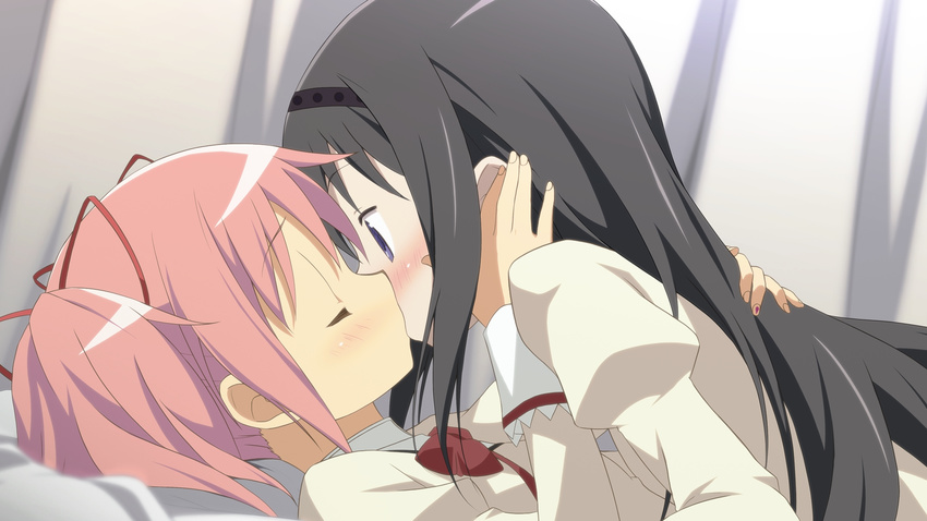 akemi_homura blush kaname_madoka kiss mahou_shoujo_madoka_magica moritan yuri