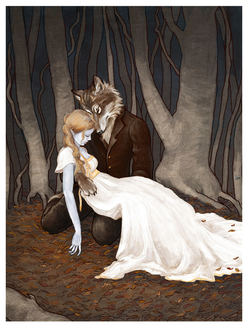 autumn blonde_hair bluefooted brown_fur canine dress duo female forest fur hair holding human kneeling male mammal suit tree wolf wood yellow_eyes