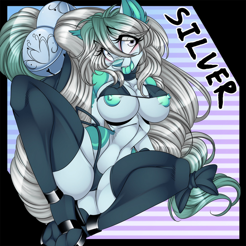 breasts canine cat clothed clothing crystal-for-ever feline female grey_eyes high_heels legwear mammal nipples skimpy solo swimsuit thigh_highs tongue topless
