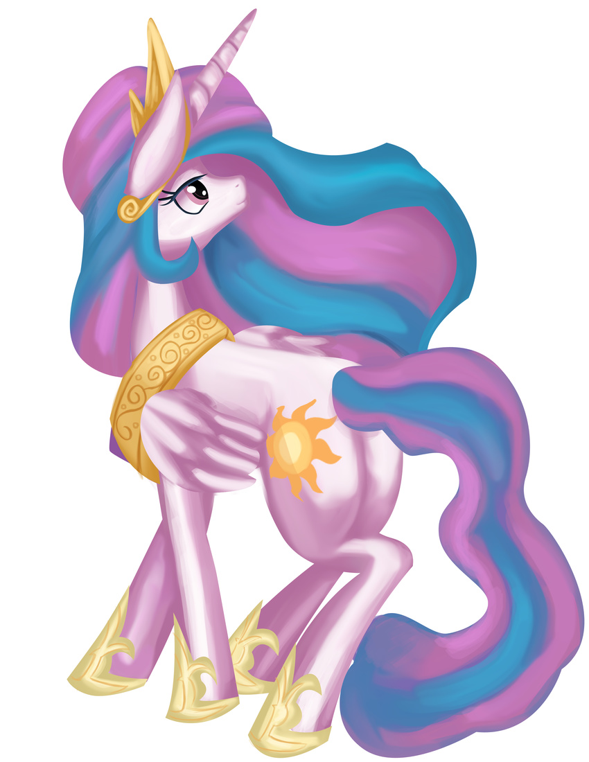 crown cutie_mark equine fauxsquared female feral friendship_is_magic hair horn horse mammal multi-colored_hair my_little_pony pink_eyes plain_background pony princess_celestia_(mlp) smile solo tiara white_background winged_unicorn wings