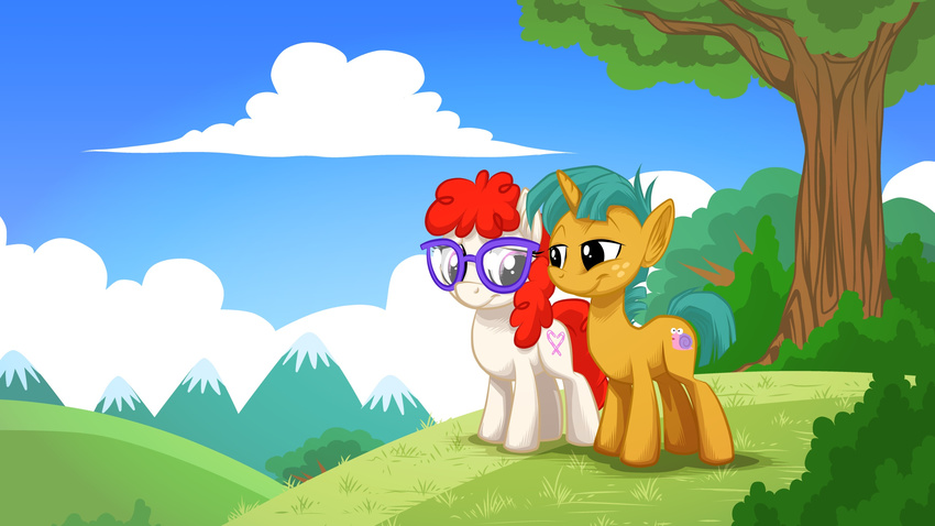 bushes cloud clouds cub cutie_mark duo equine eyewear female feral friendship_is_magic fur glasses grass green_hair hair horn horse male mammal my_little_pony mysticalpha outside pony red_hair sky snails_(mlp) tree twist_(mlp) unicorn wood yellow_fur young