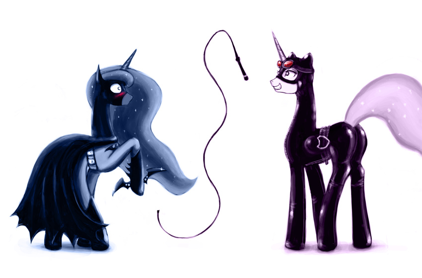blush butt dobromyslov dress duo equine eyewear female feral friendship_is_magic goggles horn horse latex mammal my_little_pony parody plain_background pony princess_celestia_(mlp) princess_luna_(mlp) rubber sibling siblings sisters whip white_background winged_unicorn wings