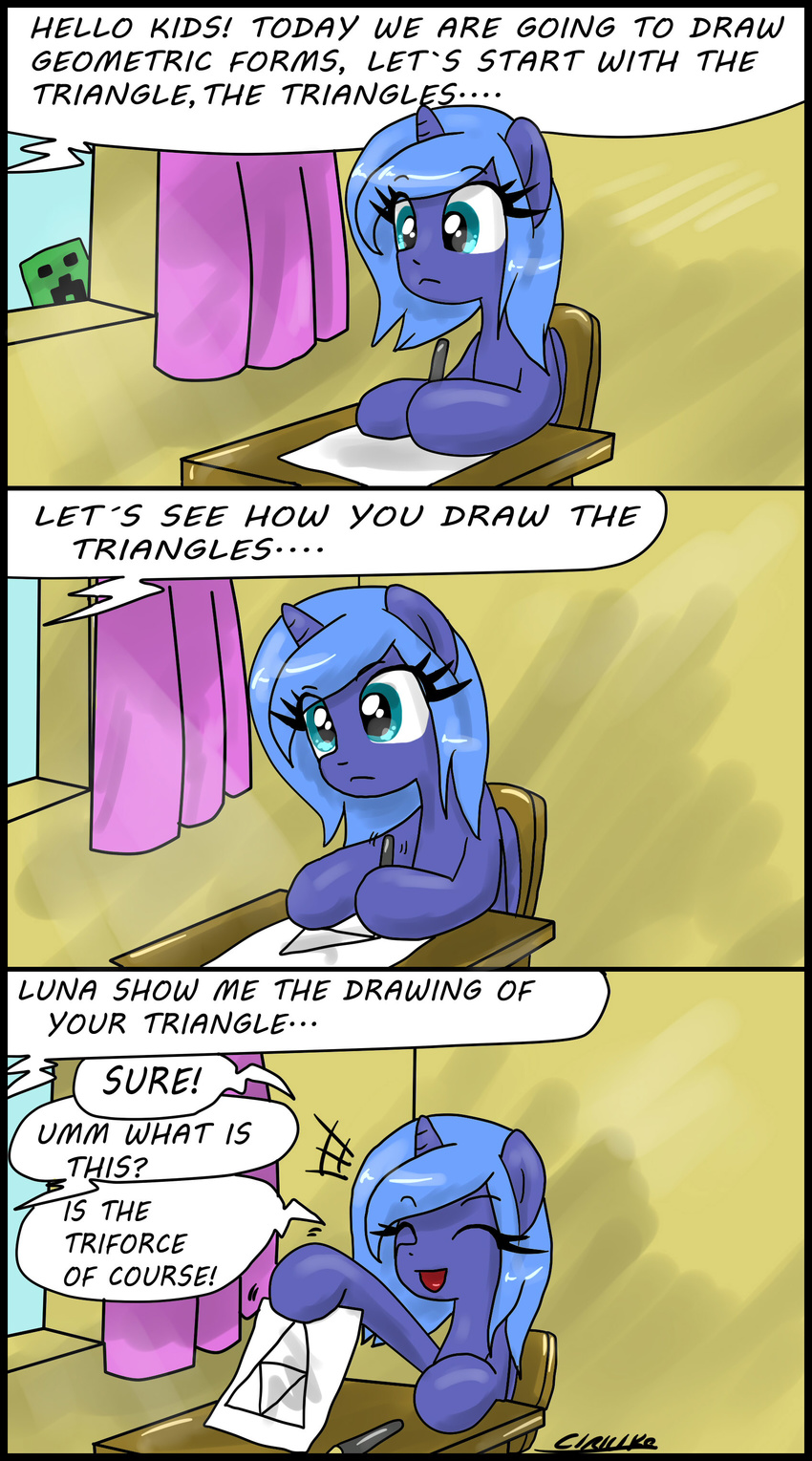 ciriliko comic creeper cub curtains dialog dialogue english_text equine female feral friendship_is_magic horn horse mammal minecraft my_little_pony paper pencil pony princess_luna_(mlp) text triangle triforce video_games winged_unicorn wings young
