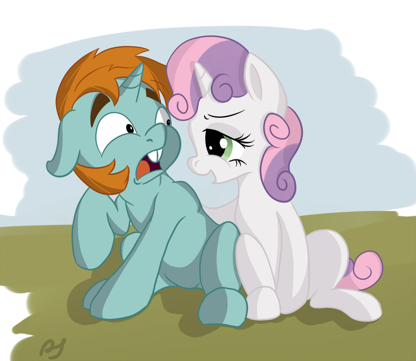 cub duo equine female feral friendship_is_magic green_eyes hair horn horse male mammal my_little_pony pony postscripting purple_hair shaded snips_(mlp) sweetie_belle_(mlp) two_tone_hair unicorn young