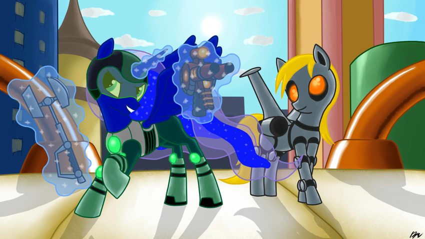 armor blonde_hair blue_eyes blue_feathers blue_fur cloud crazymacyo derpy_hooves_(mlp) dialog dialogue duo english_text equine female feral friendship_is_magic fur glowing glowing_eyes gun hair horn horse levitation machine magic mammal mechanical my_little_pony orange_eyes parody pegasus pony princess_luna_(mlp) ranged_weapon ratchet_and_clank sky sun text unicorn weapon winged_unicorn wings