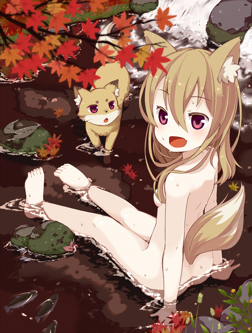 :d animal_ears arm_support autumn_leaves barefoot blush brown_hair fang fish fox fox_ears fox_tail highres leaf long_hair looking_back muku_(muku-coffee) nude open_mouth original partially_submerged red_eyes sitting skinny_dipping smile solo stone stream tail water wet