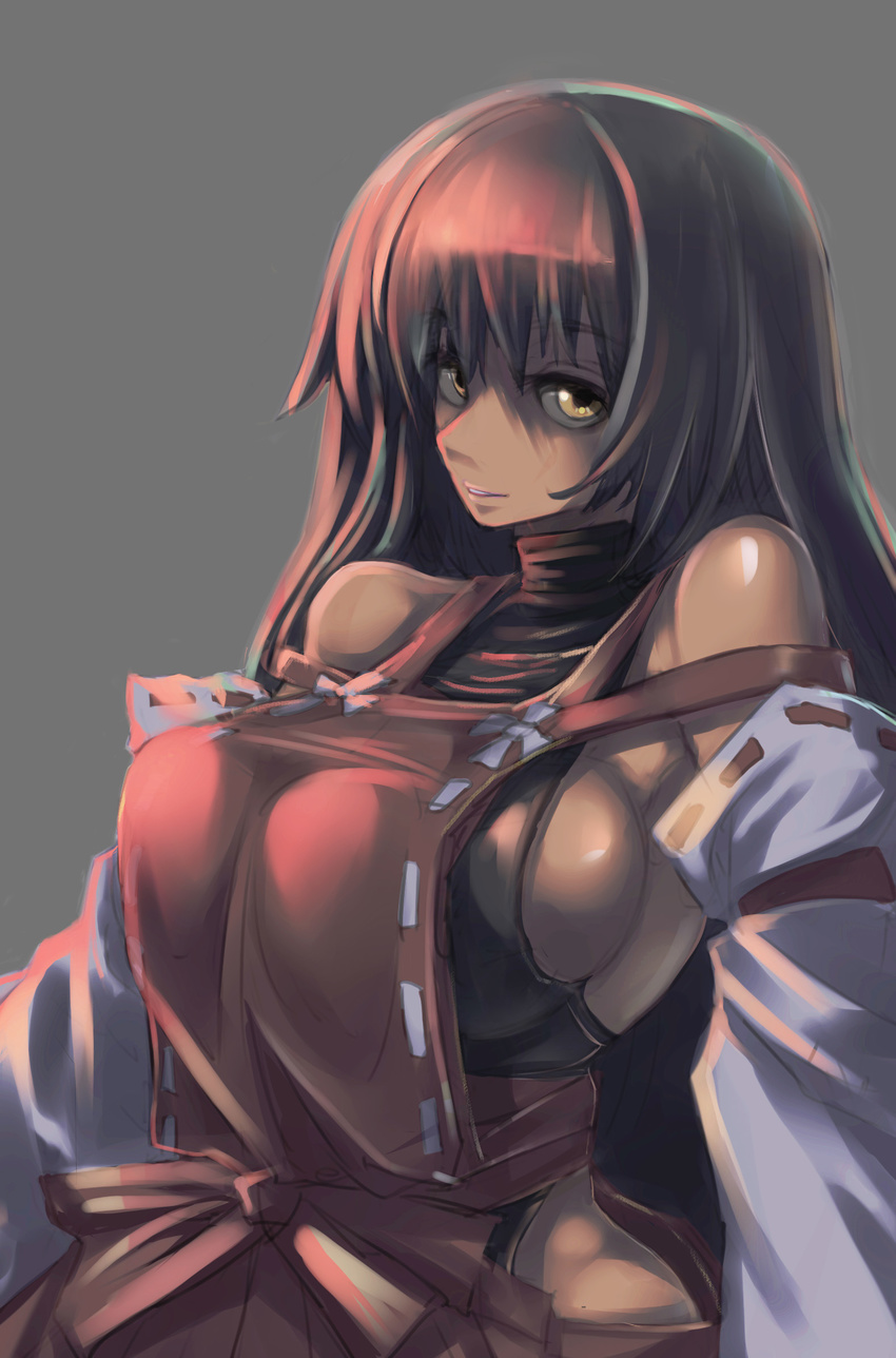 1girl bare_shoulders breasts brown_hair detached_sleeves female hakurei_miko halterneck highres japanese_clothes large_breasts long_hair m.u.g.e.n miko one-piece_thong sendai_hakurei_no_miko sideboob simple_background solo tan touhou yellow_eyes zhanhan