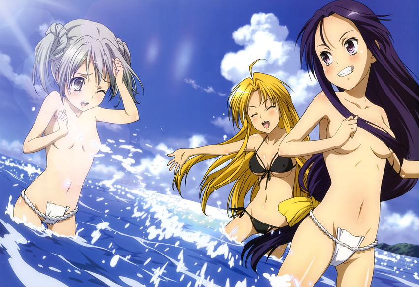absurdres ahoge akechi_mitsuhide_(oda_nobuna_no_yabou) bikini blonde_hair blue_sky blush censored closed_eyes cloud convenient_censoring covered_nipples day flat_chest fundoshi highres japanese_clothes long_hair multiple_girls non-web_source nyantype ocean oda_nobuna oda_nobuna_no_yabou official_art one_eye_closed open_mouth outdoors purple_eyes purple_hair scan short_hair short_twintails side-tie_bikini silver_eyes silver_hair sky swimsuit takenaka_hanbee_(oda_nobuna_no_yabou) tamaki_rie topless twintails very_long_hair water