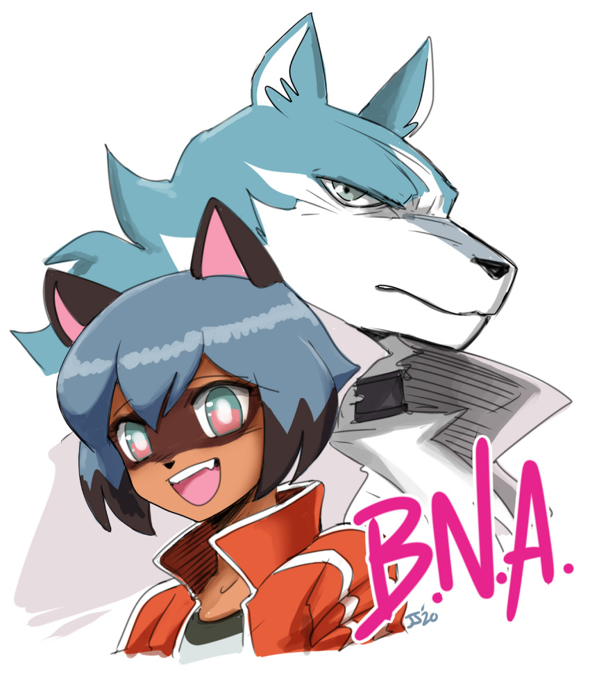 anthro brand_new_animal canid canine canis clothing duo female hi_res john_joseco looking_at_viewer male mammal michiru_kagemori open_mouth raccoon_dog shirou_ogami simple_background studio_trigger tanuki white_background wolf