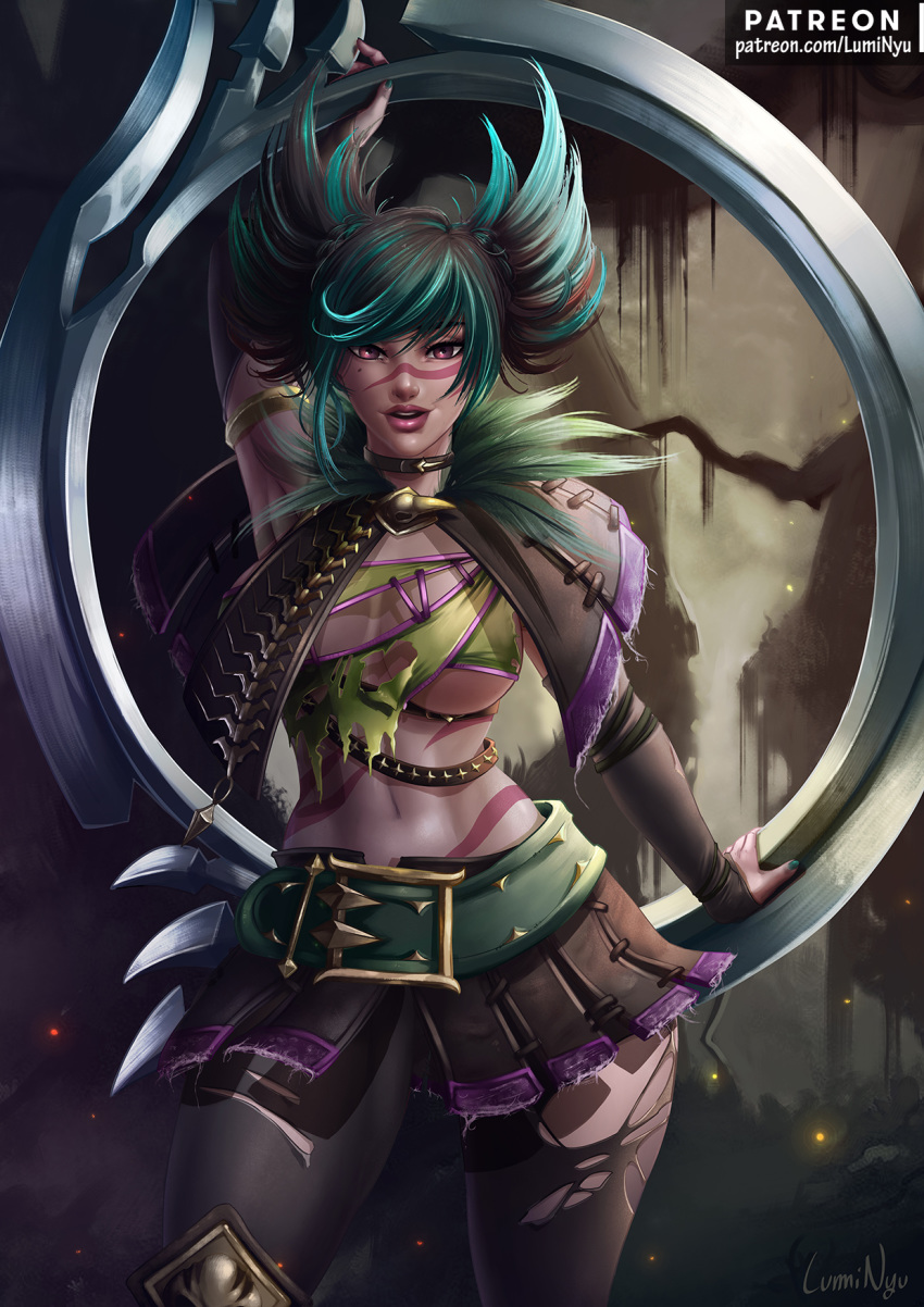 1girl artist_name asymmetrical_underboob belt breasts chakram choker feathers gauntlets green_hair highres large_breasts long_hair looking_at_viewer luminyu midriff miniskirt mole mole_under_eye multicolored_hair navel open_mouth pantyhose patreon_username pinup revealing_clothes scarf skirt solo soul_calibur stomach tattoo tira_(soulcalibur) torn_clothes torn_legwear twintails two-tone_hair underboob upper_body weapon