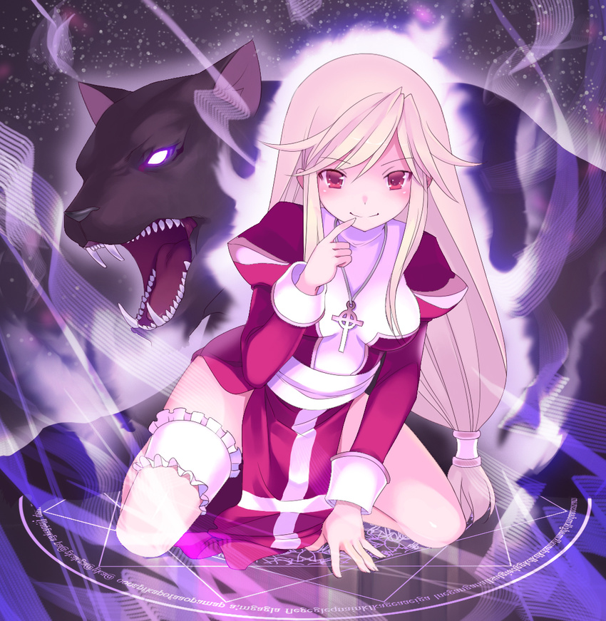 arm_support blush breasts cross dress fireflysnow high_priest jewelry juliet_sleeves kneeling leg_garter long_hair long_sleeves looking_at_viewer low-tied_long_hair magic_circle medium_breasts necklace pelvic_curtain priest puffy_sleeves ragnarok_online red_eyes side_slit silver_hair smile solo wolf