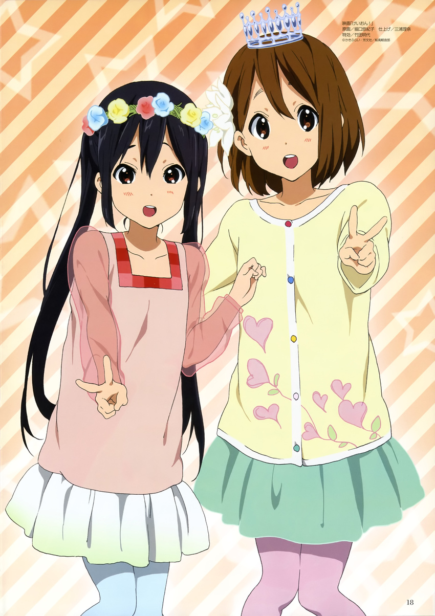 absurdres aqua_legwear black_hair brown_eyes brown_hair crown head_wreath highres hirasawa_yui horiguchi_yukiko k-on! long_hair megami multiple_girls nakano_azusa non-web_source official_art open_mouth pantyhose purple_legwear round_teeth short_hair teeth twintails v