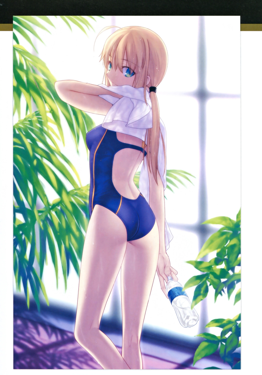 absurdres artoria_pendragon_(all) ass blonde_hair bottle competition_swimsuit fate/stay_night fate/zero fate_(series) from_behind green_eyes highres long_hair looking_back one-piece_swimsuit saber solo swimsuit takeuchi_takashi towel
