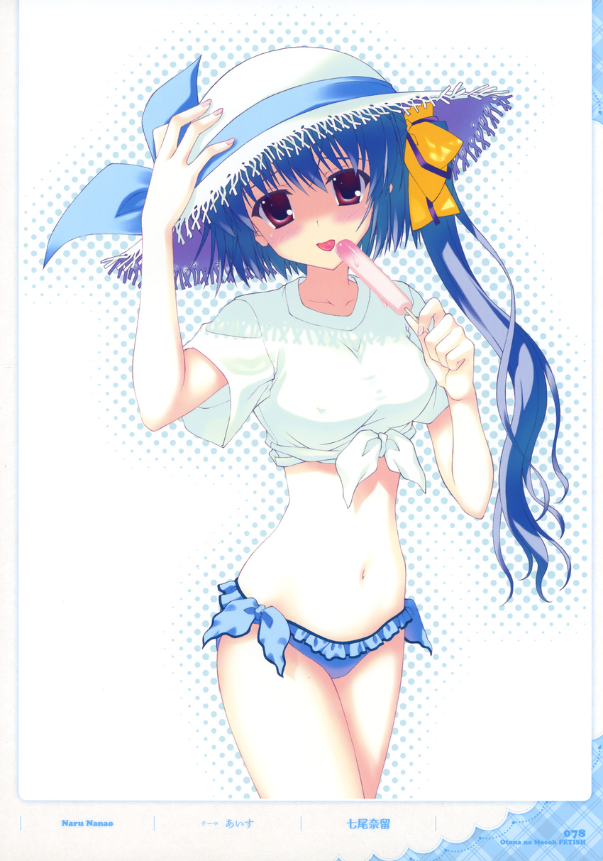 absurdres adjusting_clothes adjusting_hat bikini_bottom blue_hair breasts copyright_request covered_nipples food frills front-tie_top hat highres large_breasts nanao_naru popsicle purple_eyes shirt side_ponytail solo straw_hat sun_hat taut_clothes taut_shirt tied_shirt tongue