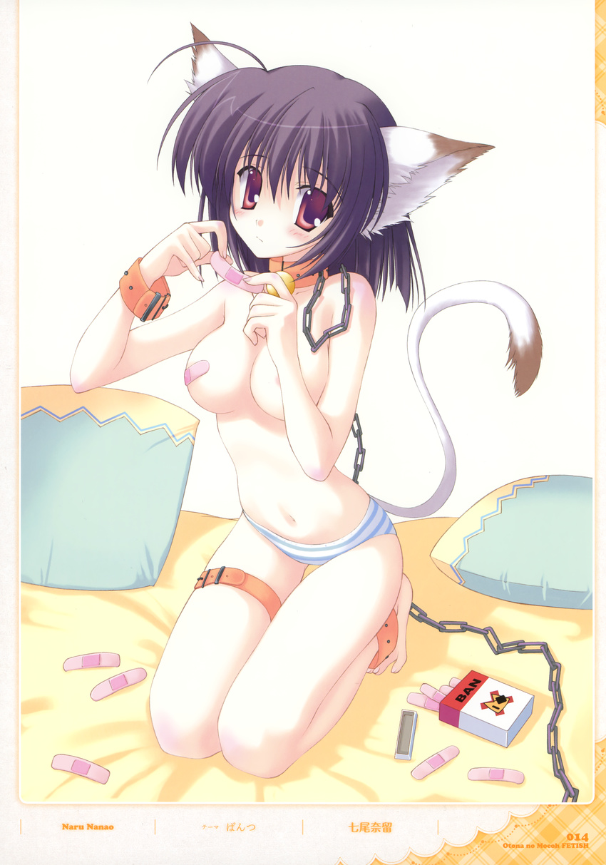 absurdres animal_ears bandaid bandaids_on_nipples barefoot blue_panties cat_ears cat_tail chain copyright_request feet highres leash nanao_naru panties pasties pillow purple_eyes purple_hair seiza short_hair sitting solo striped striped_panties tail toes topless underwear underwear_only