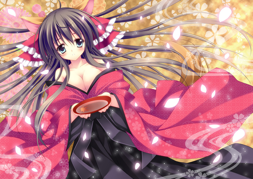 alcohol animal_ears artist_request black_hair blue_eyes breasts cherry_blossoms chrysanthemum cleavage copyright_request flower fox_ears japanese_clothes kimono large_breasts leaf maple_leaf sake