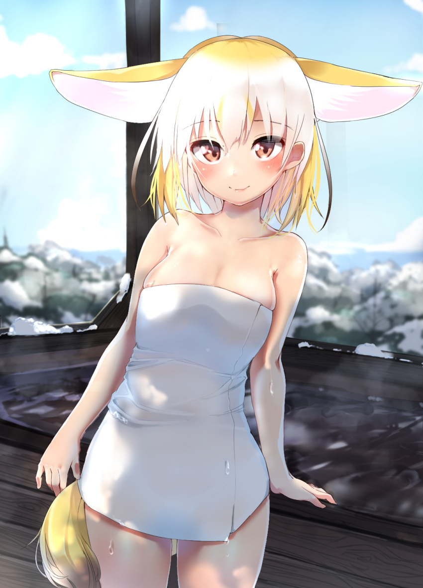 1girl animal_ears bangs bare_legs bare_shoulders bathtub blonde_hair blue_sky blurry blurry_background blush breasts brown_eyes brown_hair closed_mouth cloud collarbone commentary cowboy_shot day depth_of_field ears_down eyebrows_visible_through_hair fennec_(kemono_friends) fox_ears fox_tail gradient_hair highres kemono_friends kinou_no_shika looking_at_viewer medium_breasts multicolored_hair naked_towel outdoors skindentation sky smile snow solo steam tail towel water white_hair winter