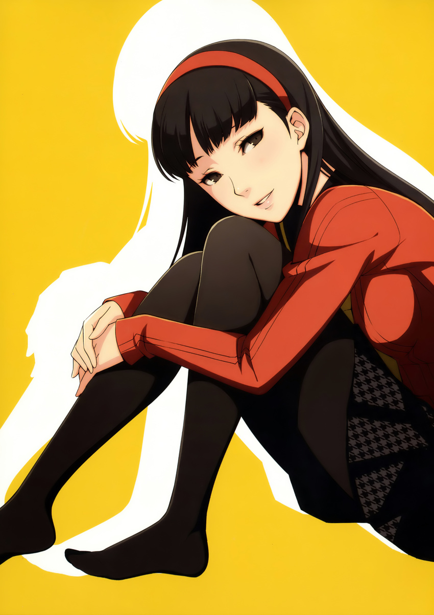 absurdres amagi_yukiko black_hair black_legwear brown_eyes cardigan hairband highres houndstooth knees_to_chest leg_hug lips long_hair looking_at_viewer pantyhose persona persona_4 pleated_skirt scan school_uniform skirt smile sogabe_shuuji solo third-party_edit