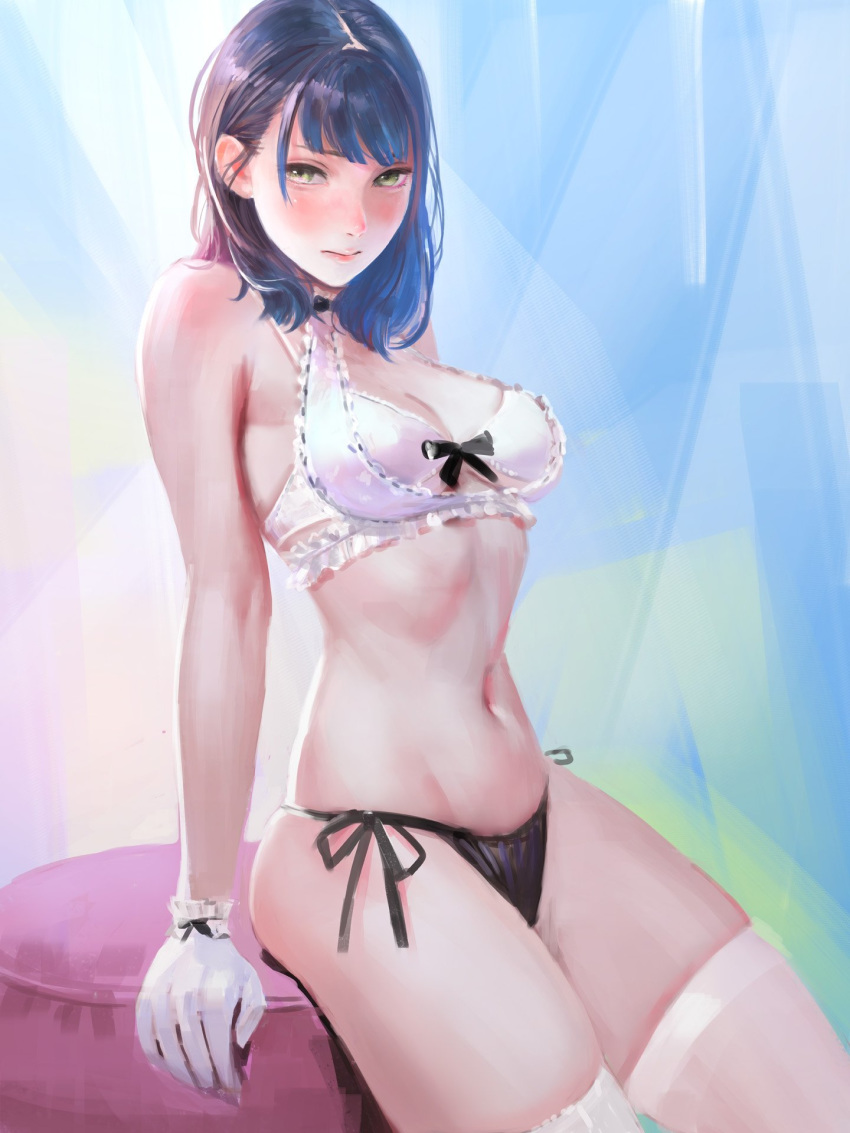 1girl arata_yokoyama bangs bare_arms bare_shoulders black_panties black_ribbon blue_hair blunt_bangs blush bra breasts character_request cleavage closed_mouth collarbone cowboy_shot gloves green_eyes highres legs long_hair looking_at_viewer medium_breasts midriff navel original panties ribbon side-tie_panties solo standing stomach underwear underwear_only white_bra white_gloves