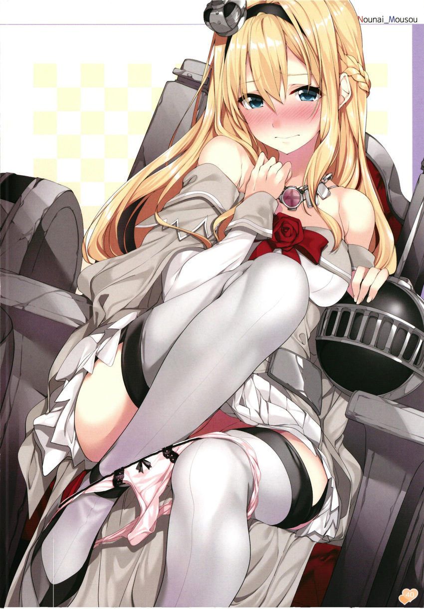 1girl 3: bare_shoulders blonde_hair blue_eyes blush bow bow_panties braid breasts brooch closed_mouth crown dress dutch_angle embarrassed gintarou_(kurousagi108) grey_legwear hairband hand_on_own_chest heart highres jewelry kantai_collection long_hair medium_breasts mini_crown nose_blush panties panty_pull pink_panties rigging scan scan_artifacts side_braid sidelocks sitting solo thighhighs underwear warspite_(kantai_collection)