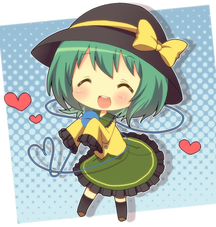 bad_id bad_pixiv_id blush chibi closed_eyes green_hair hat hat_ribbon heart highres komeiji_koishi kumakichi_(toshigat) open_mouth ribbon smile solo third_eye touhou