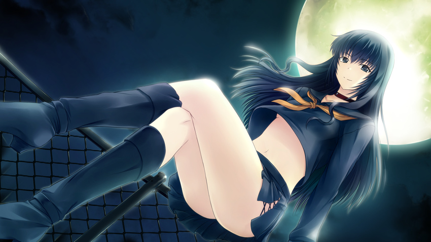 black_hair boots game_cg ishii_hisao lilith long_hair moon navel night no_bra seifuku tokyo_babel