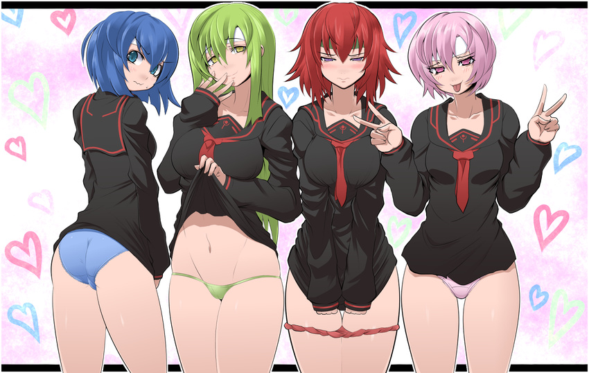 :p ass black_serafuku blue_eyes blue_hair blue_panties blush breasts double_v est fire_emblem fire_emblem:_monshou_no_nazo green_eyes green_hair green_panties groin headband heart kara_age katua letterboxed long_hair lowleg lowleg_panties medium_breasts minerva_(fire_emblem) multiple_girls outside_border panties panty_pull paola pink_eyes pink_hair pink_panties red_hair red_panties school_uniform serafuku shirt_lift shirt_tug short_hair smile tongue tongue_out underwear v wavy_mouth wedgie