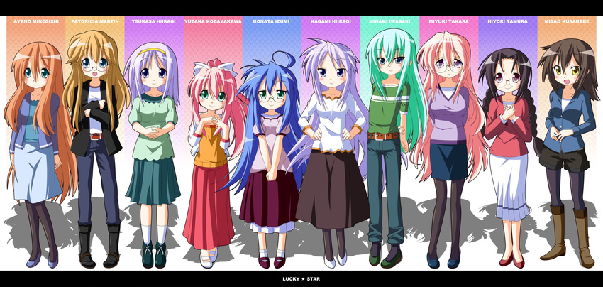 bespectacled blonde_hair blue_eyes blue_hair boots braid brown_hair everyone glasses green_eyes green_hair highres hiiragi_kagami hiiragi_tsukasa iwasaki_minami izumi_konata kobayakawa_yutaka kusakabe_misao lineup long_hair lucky_star minegishi_ayano multiple_girls older orange_hair pantyhose patricia_martin pink_hair ponytail purple_eyes purple_hair red_hair rindou_(awoshakushi) short_hair siblings sisters takara_miyuki tamura_hiyori twin_braids twins typo yellow_eyes