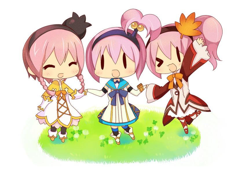 3girls absurdres alfa_system blush braid capelet chibi coat dress elbow_gloves eyes_closed gloves highres kanonno_earhart kanonno_grassvalley multiple_girls open_mouth pantyhose pasca_kanonno pink_hair ribbon shoes short_hair side_ponytail skirt tales_of_(series) tales_of_the_world_radiant_mythology tales_of_the_world_radiant_mythology_2 tales_of_the_world_radiant_mythology_3 thighhighs wide_sleeves wink