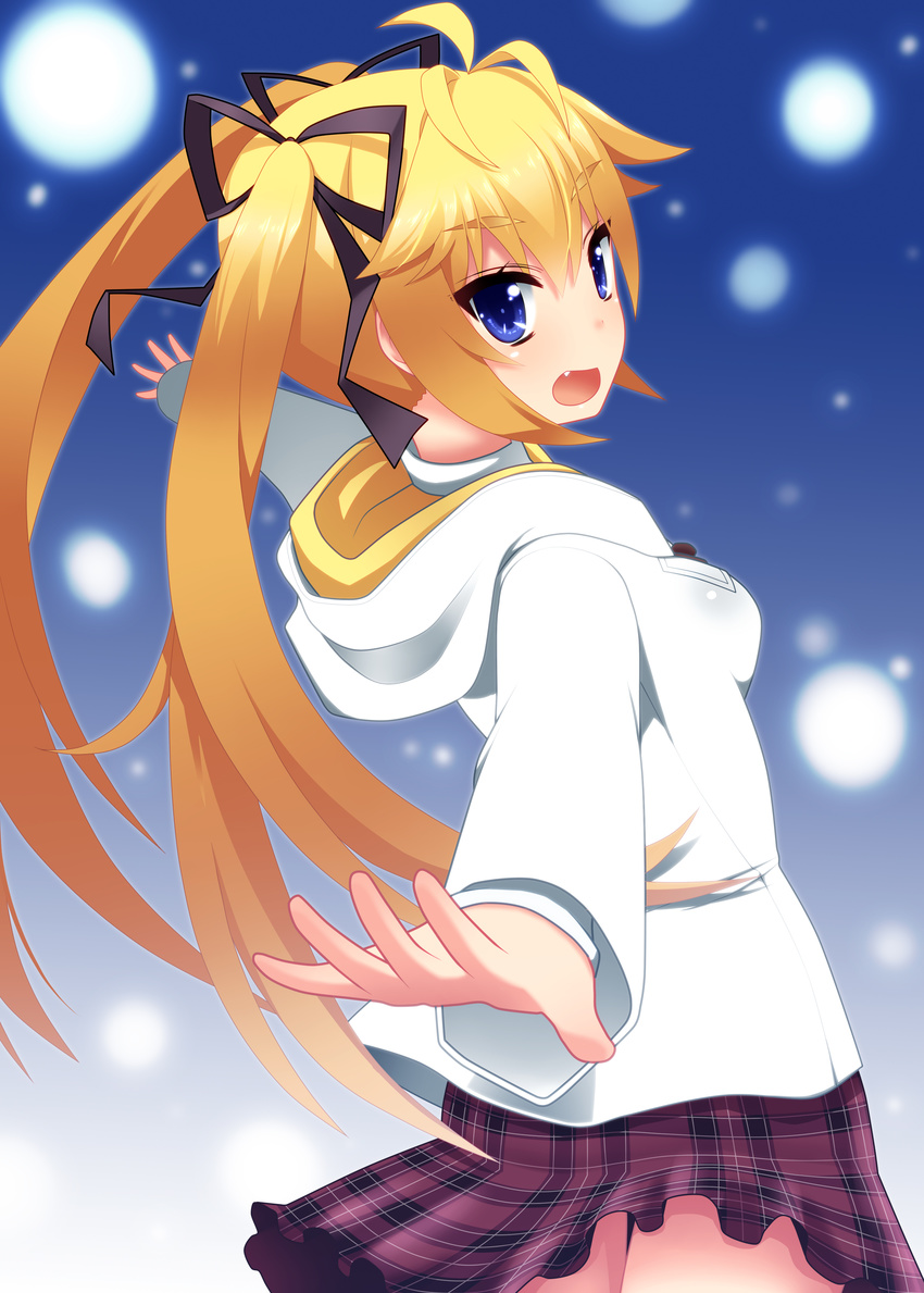 absurdres blonde_hair blue_eyes blush from_behind grisaia_(series) grisaia_no_kajitsu highres hood hoodie looking_at_viewer looking_back matsushima_michiru nase open_mouth outstretched_arms short_hair smile solo spread_arms twintails