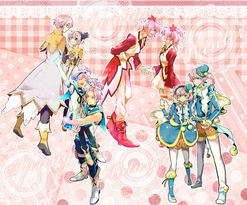 4boys 4girls alfa_system boots breasts capelet coat earrings elbow_gloves eyes_closed gloves green_eyes hairband hat jewelry kanonno_earhart kanonno_grassvalley multiple_boys multiple_girls pants pantyhose pasca_kanonno pink_hair ribbon shoes side_ponytail tales_of_(series) tales_of_the_world_radiant_mythology tales_of_the_world_radiant_mythology_2 tales_of_the_world_radiant_mythology_3 thighhighs