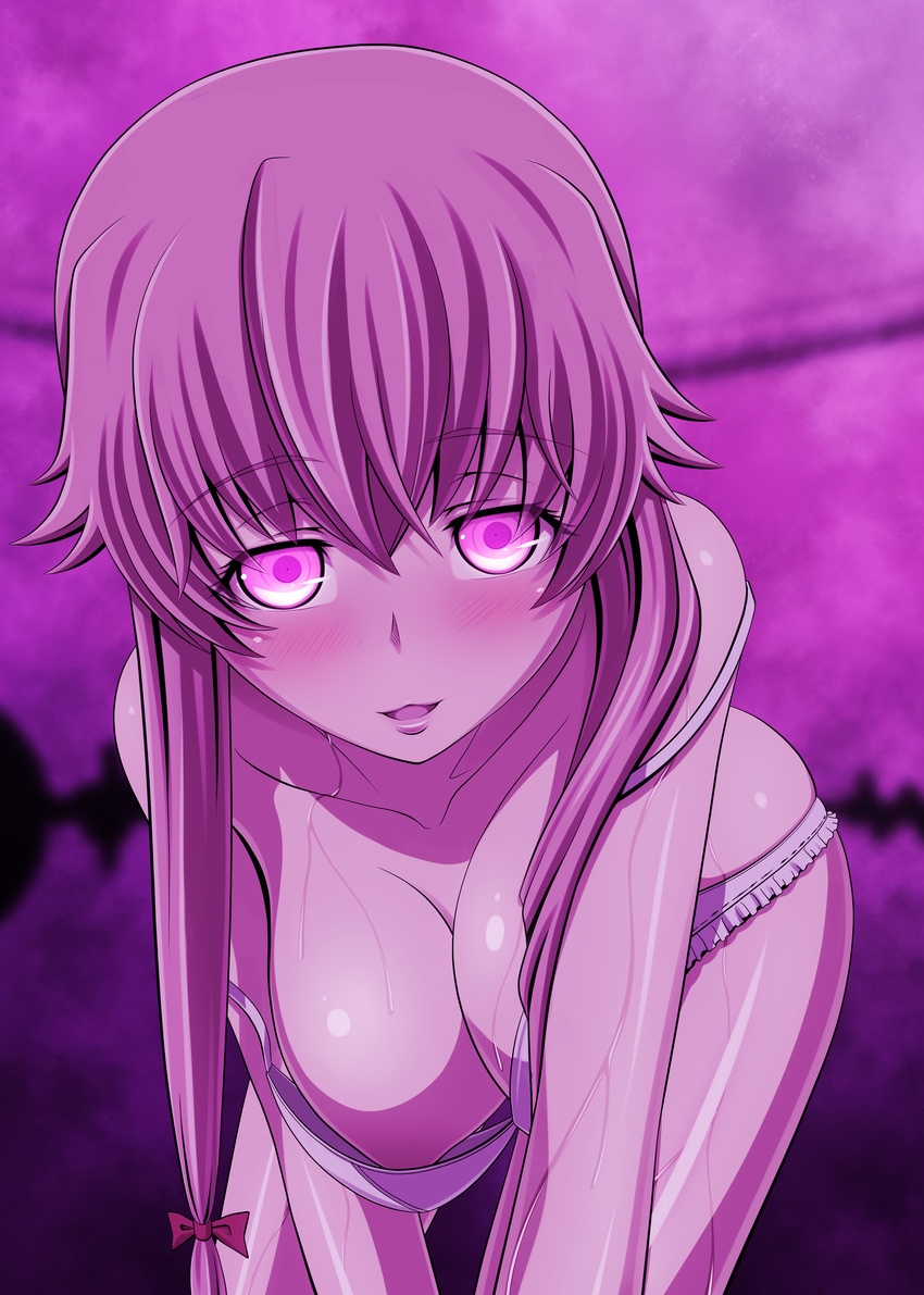 absurdres blush breasts carrot_works gasai_yuno hair_ribbon highres large_breasts long_hair looking_at_viewer mirai_nikki naughty_face nipples non-web_source nude open_mouth pink pink_eyes pink_hair red_ribbon ribbon shiny shiny_skin skindentation solo sweat yandere