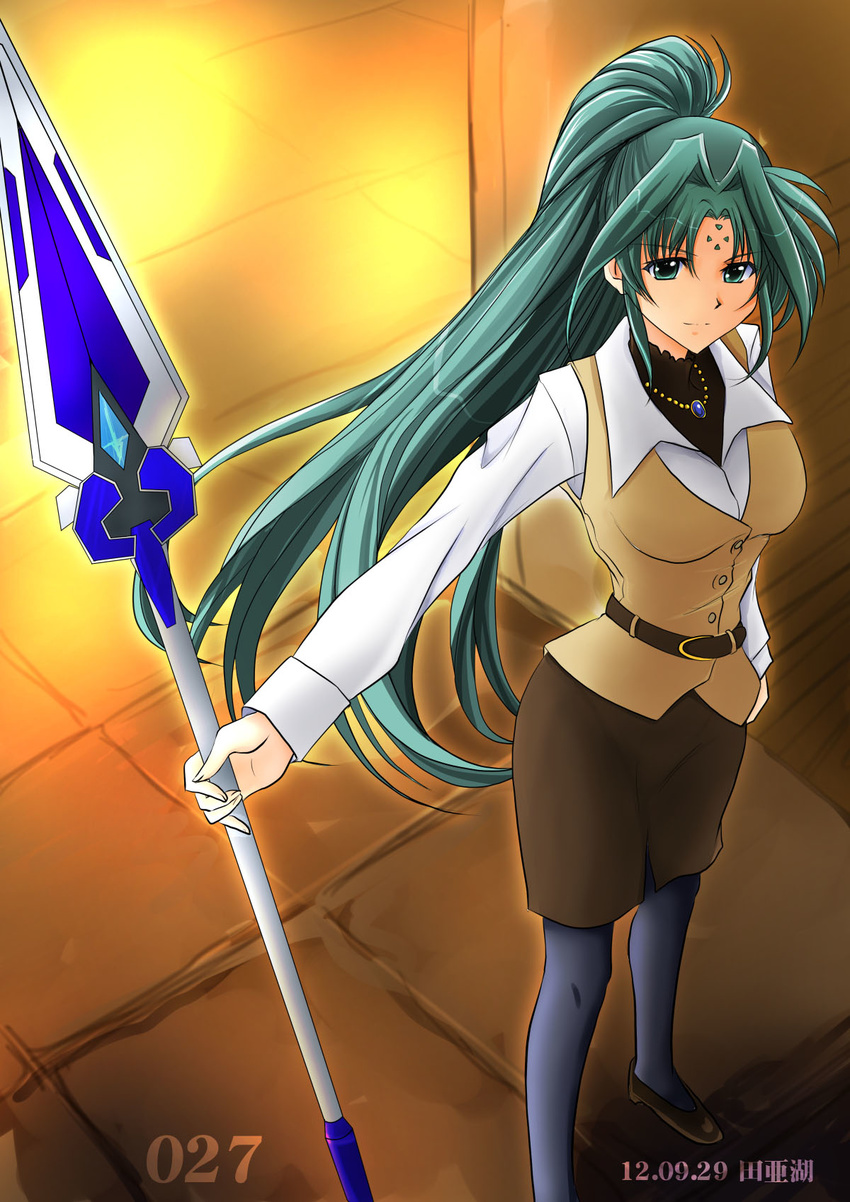 belt facial_mark forehead_mark green_eyes green_hair high_ponytail highres jewelry light_smile lindy_harlaown long_hair long_sleeves lyrical_nanoha mahou_shoujo_lyrical_nanoha necklace pantyhose pencil_skirt pendant polearm skirt solo spear staff taako very_long_hair weapon