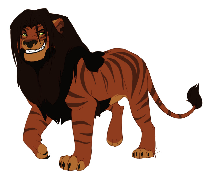 brown_fur brown_hair claws feline feral fur green_eyes hair hybrid knon liger lion_king_style male mammal mane notched_ear original_character plain_background smirk solo stripes tail_tuft tuft white_background