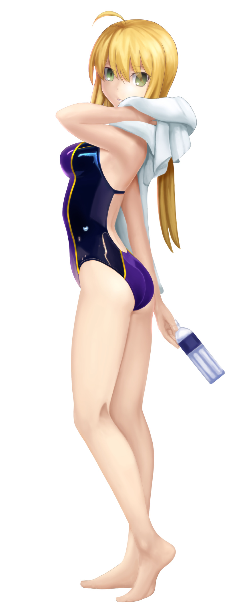 absurdres ahoge artoria_pendragon_(all) ass barefoot blonde_hair bottle breasts competition_swimsuit fate/zero fate_(series) full_body green_eyes highres long_hair medium_breasts one-piece_swimsuit saber simple_background solo swimsuit taka_(takahirokun) towel white_background