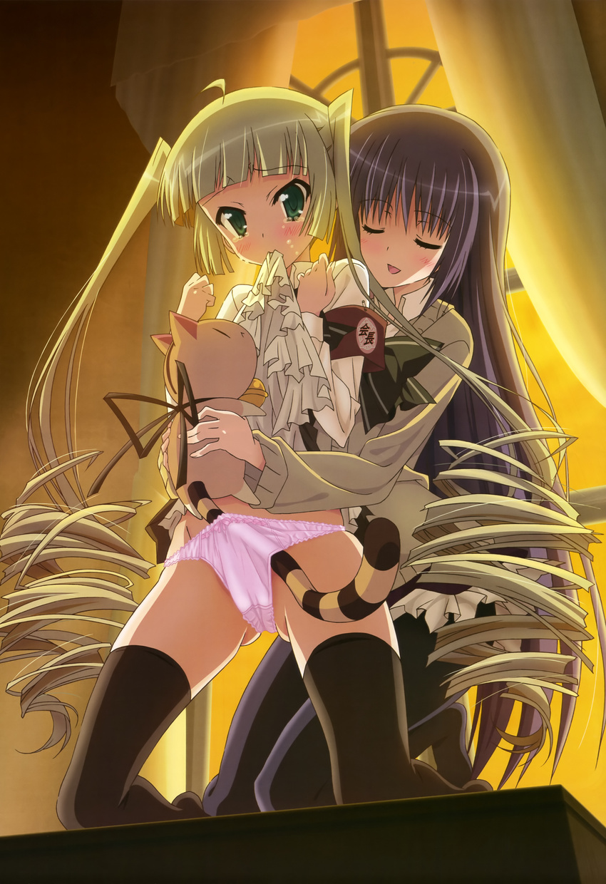 absurdres armband black_legwear blonde_hair blush cat closed_eyes drill_hair ebiten_(manga) green_eyes highres in_panties iseda_yuka long_hair mouth_hold multiple_girls non-web_source nyantype official_art ooba_hasumi panties pantyhose pink_panties school_uniform sunset thighhighs twintails underwear very_long_hair watanabe_atsuko yuri