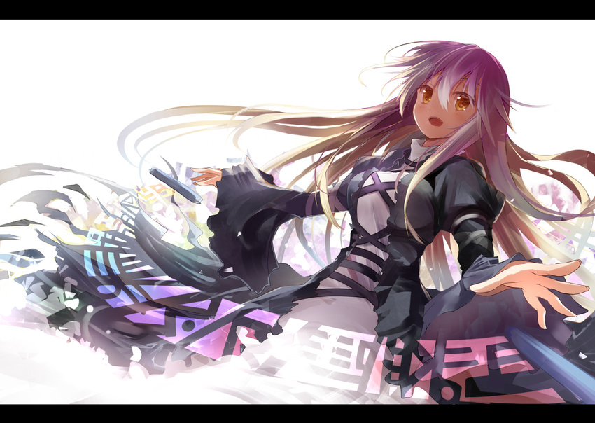 brown_eyes brown_hair dress efe fingernails gradient_hair hijiri_byakuren letterboxed long_hair multicolored_hair open_mouth outstretched_arms purple_hair scroll solo sorcerer's_sutra_scroll spread_arms touhou white_background