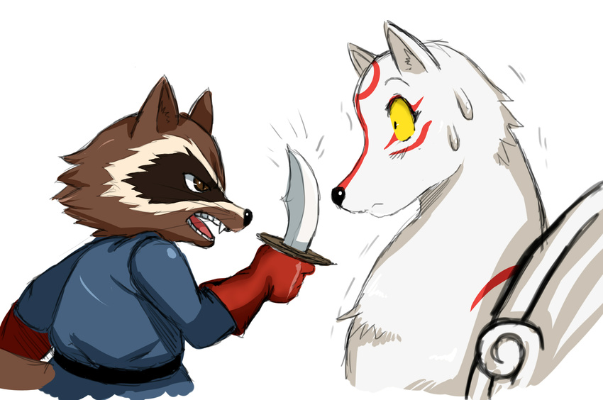 &#332;kami ?kami amaterasu ambiguous_gender angry anthro brown_eyes canine crossover deity female knife male mammal marvel raccoon rocket_raccoon sssonic2 surprise teeth threatening video_games wolf yellow_eyes