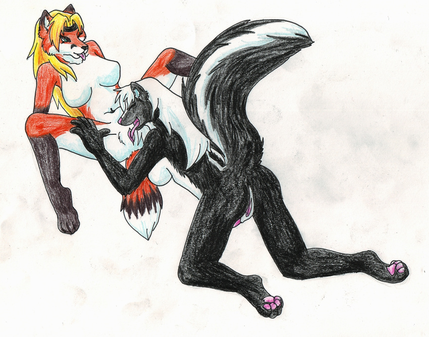 aurasoul blonde_hair breasts canine duo female fox fur hair herm intersex licking mammal penis plain_background pussy ratchet ratchet_(character) ratchet_and_clank skunk sucking tongue twillight white white_background white_fur white_hair winger yellow