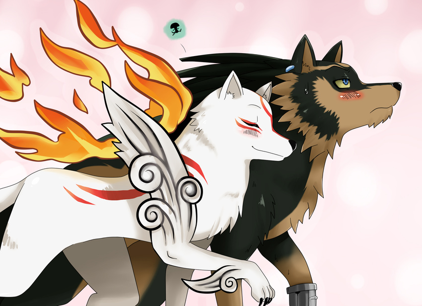 &#332;kami ?kami amaterasu ambiguous_gender blush canine crossover cute deity eyes_closed female feral fire green_eyes link link_(wolf_form) male mammal smile sssonic2 the_legend_of_zelda video_games wolf