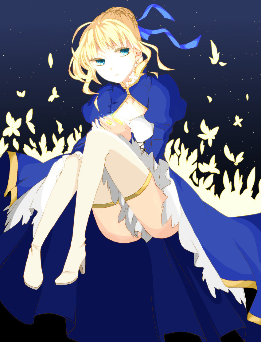 artoria_pendragon_(all) bad_id bad_pixiv_id blonde_hair blue_eyes boots bug butterfly cleavage_cutout dress fate/stay_night fate_(series) flower glowing hair_ribbon highres insect kantaro1029 ribbon saber solo thigh_boots thighhighs
