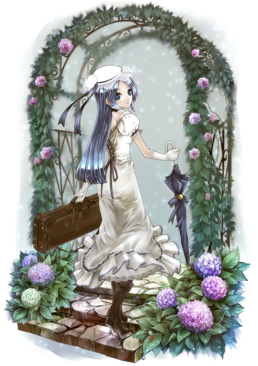 absurdres bare_shoulders blue_eyes blue_hair boots choker closed_umbrella dress earrings elbow_gloves flower gloves hat highres jewelry key kininaljaguar leaf long_hair looking_back original puffy_sleeves ribbon snail stairs suitcase thorns umbrella