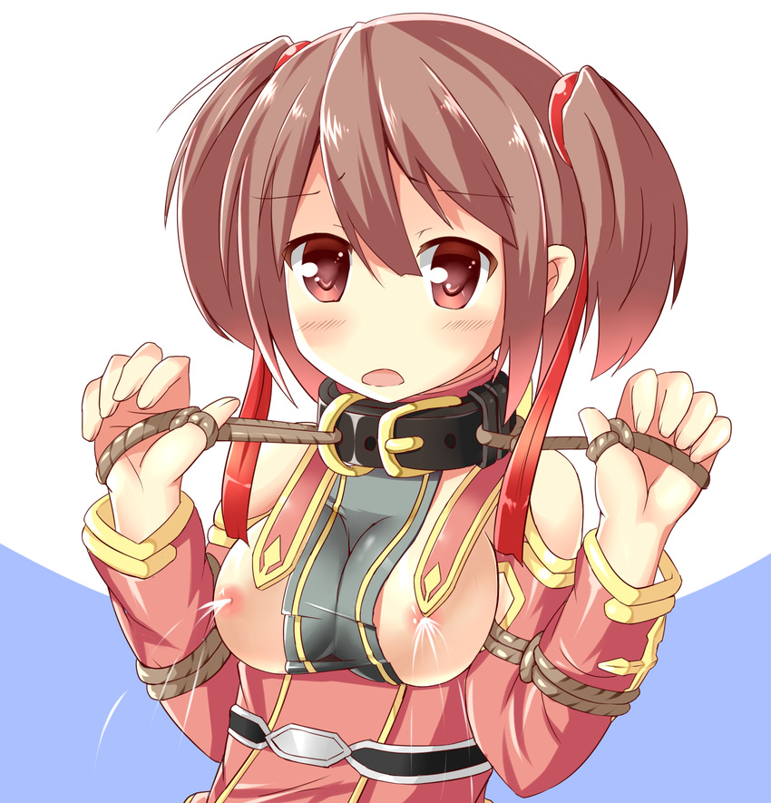 bare_shoulders bdsm blush bondage bound bound_arms breasts brown_hair collar cuffs-to-collar hair_ribbon highres kimamani lactation medium_breasts nipples open_mouth red_eyes ribbon rope short_hair short_twintails silica solo sword_art_online twintails