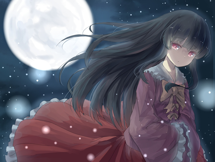 bad_id bad_pixiv_id black_hair bow full_moon highres houraisan_kaguya long_hair moon red_eyes skirt snow solo tony_zhazha touhou wind