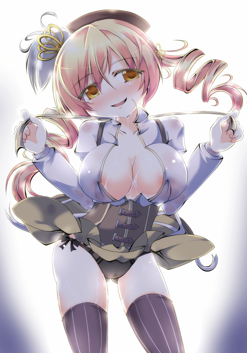 absurdres beret black_panties blonde_hair breasts cameltoe cleavage collarbone corset covered_nipples detached_sleeves drill_hair grin hair_ornament hat highres large_breasts mahou_shoujo_madoka_magica niyadepa open_clothes open_shirt panties pleated_skirt ribbon shirt skirt smile solo striped striped_legwear sweat thighhighs tomoe_mami underwear vertical-striped_legwear vertical_stripes yellow_eyes