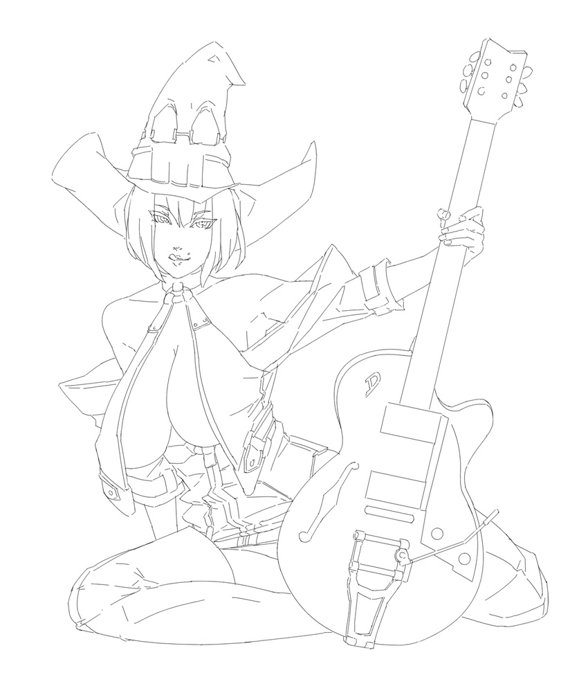 bare_shoulders bob_cut boots breasts cleavage eu03 fingerless_gloves gloves greyscale guilty_gear guitar hat highres i-no instrument large_breasts mole mole_above_mouth monochrome short_hair sketch solo thigh_boots thighhighs tongue witch_hat