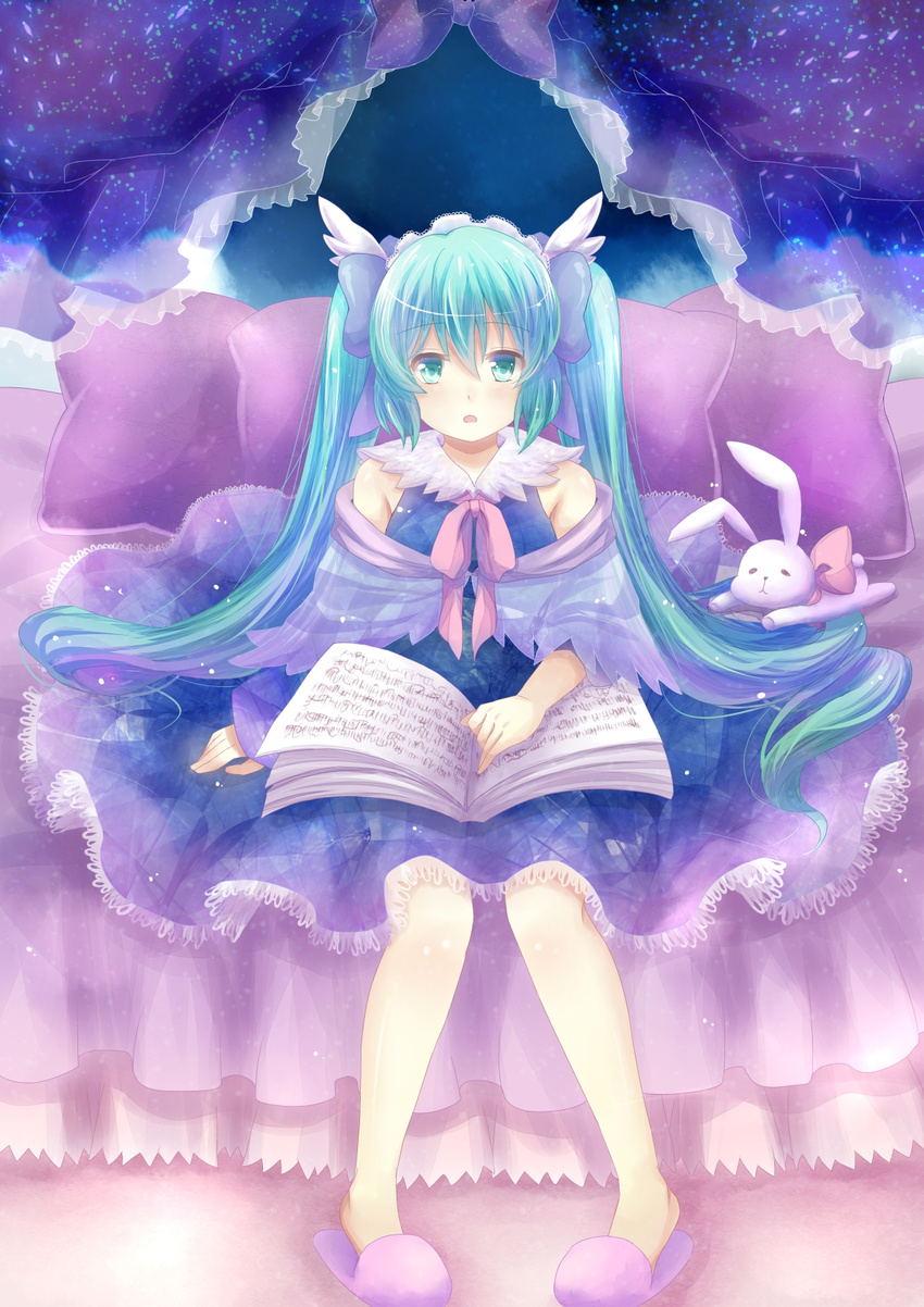 bad_id bad_pixiv_id book bunny green_eyes green_hair hatsune_miku highres long_hair open_mouth sitting solo stuffed_animal stuffed_bunny stuffed_toy twintails very_long_hair vocaloid zinczinc_ka